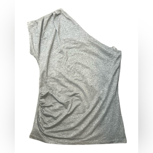 Ann Taylor Chic Holiday Silver Shimmer Metallic One-Shoulder Top - Picture 2 of 10